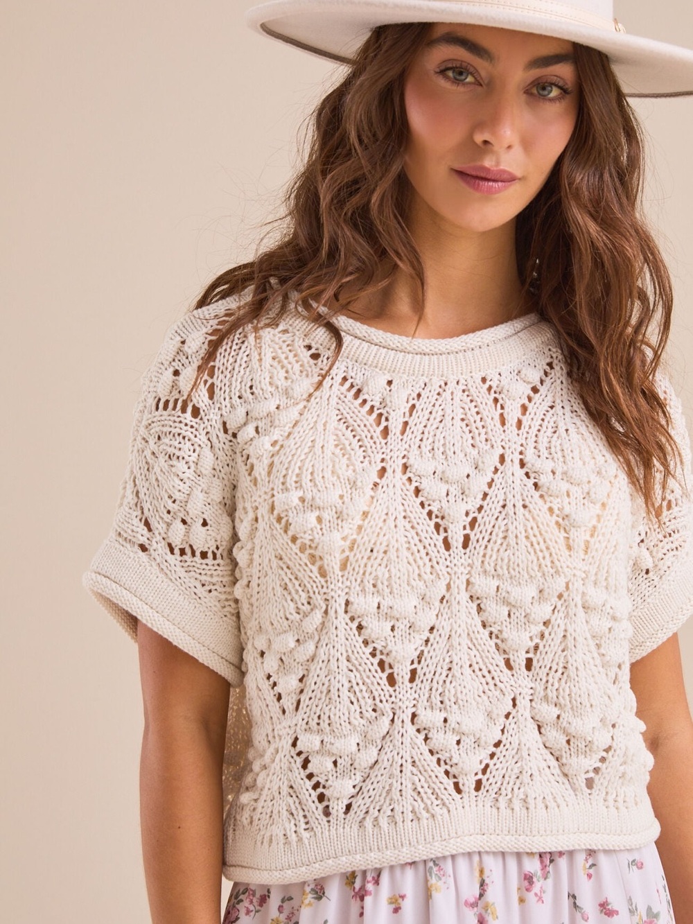 Altar'd State Cream Openwork Short-Sleeve Knit Sweater
